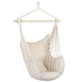 HAOYYE Cotton Canvas Hanging Rope Chair with 2 Pillows, Beige Indoor Outdoor Hammock Swing Seat, Comfortable Durable Air Chair for Patio Porch Garden Balcony Reading Nook, Wood Spreader Bar